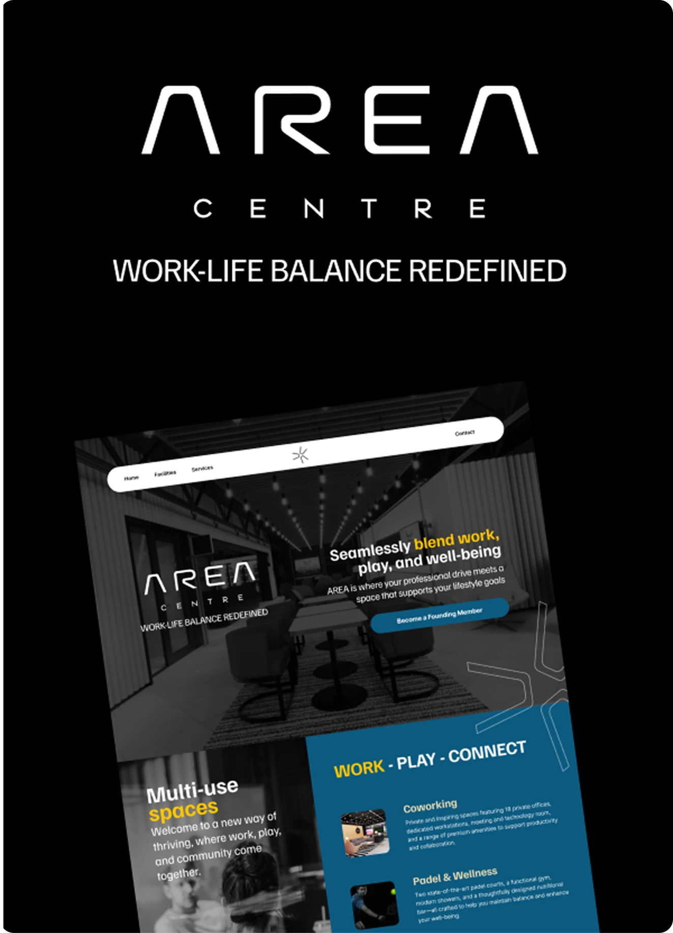 Sitio web de AREA Centre — espacio de coworking y bienestar, 'Work-Life Balance Redefined'