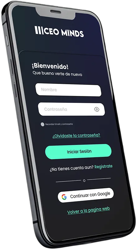 Mockup de login de la app CEO Minds — "¡Bienvenido!"
