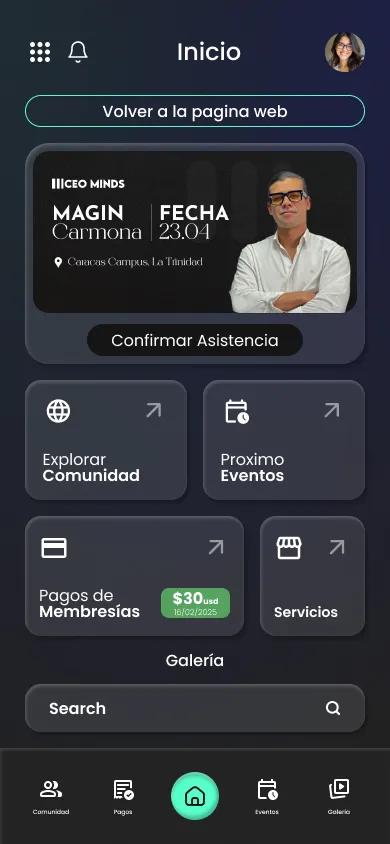 Captura de la app CEO Minds mostrando la tarjeta de evento y navegación principal