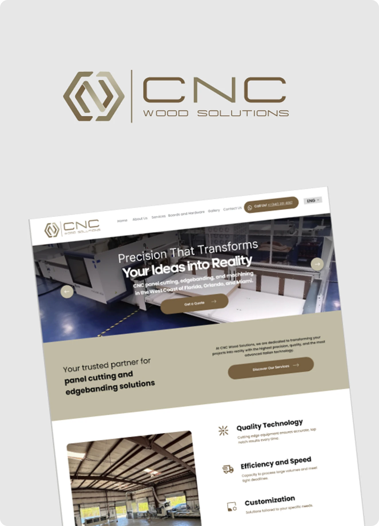 Sitio web de CNC Wood Solutions — panel cutting y edgebanding, 'Precision that transforms your ideas into reality'
