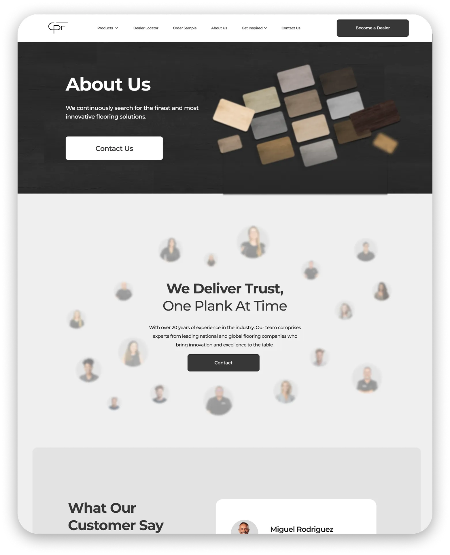 Sitio web y equipo de CPF Floors — 'About Us', 'We Deliver Trust, One Plank At Time'
