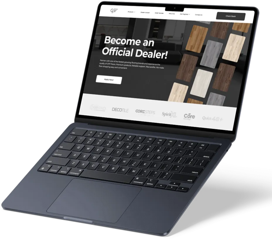 Laptop mostrando el sitio de CPF Floors: "Become an Official Dealer!"