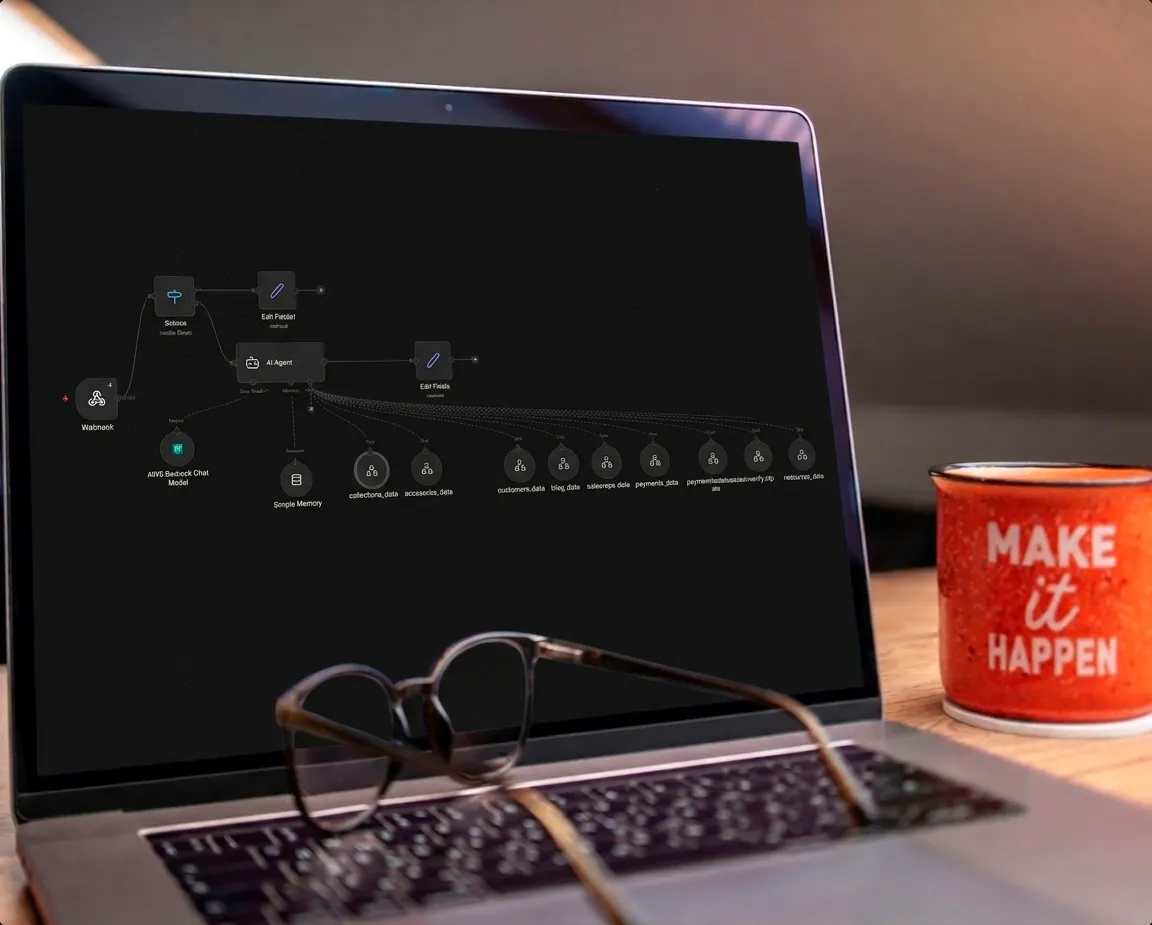 Laptop mostrando un flujo de automatización, con lentes y una taza de café con el texto Make it Happen